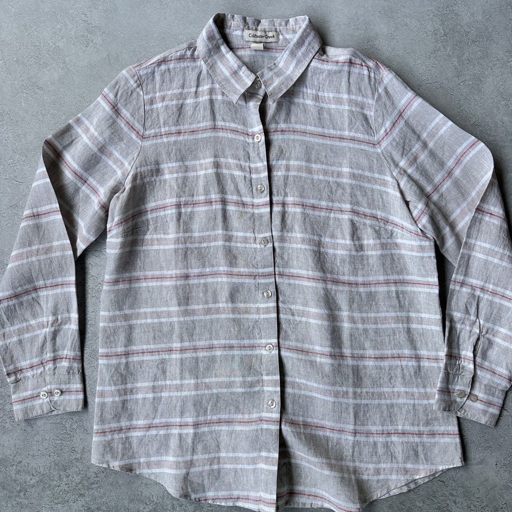 Coldwater Creek 100% linen Gray White red Striped Button-Down Shirt